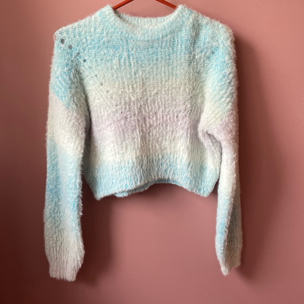 Wild fable cropped, blue purple and white, fuzzy knit sweater. Size small